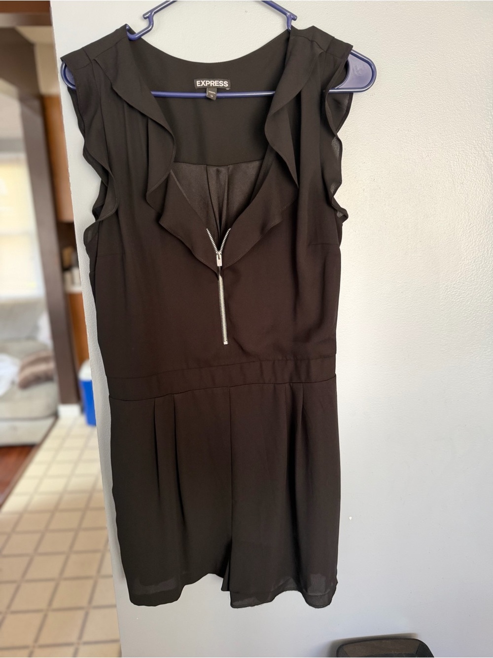 Express Black Ruffle Trim Zipper Romper - women’s size 12